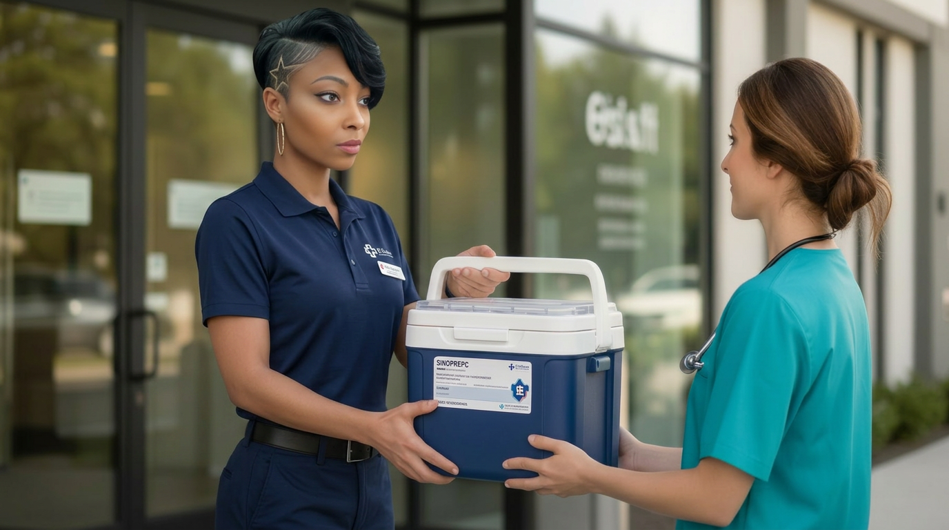 Carissa Knight, RMA — medical courier delivering a sealed specimen cooler to a clinic staff member